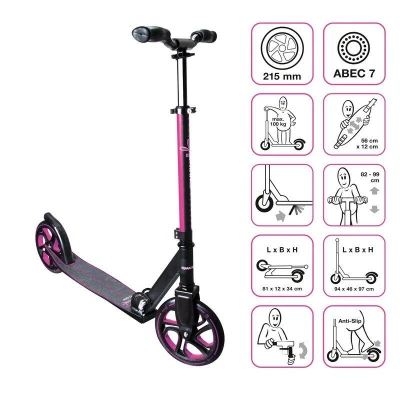 Abbildung von muuwmi Aluminium Scooter Pro Tretroller, 215 mm, ABEC 7, für Kinder und Erwachsene, GS geprüft, höhenverstellbar, pink