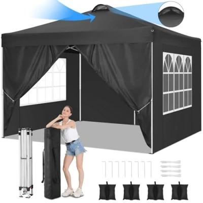 Abbildung von COBIZI Pavillon 3x3, UV Schutz 50+ Faltpavillon 3x3 Wasserdicht Stabil Winterfest mit 4 Seitenteilen und Sandsäcke,Pop up Pavillion Klappbar 3x3m für Camping,Strand,Familientreffen(Schwarz)