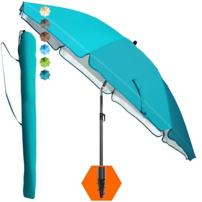 Abbildung von 4smile Sonnenschirm Strand SunnyJoy, Türkis UPF 50+ Strandschirm Ø 200 cm, sicherer Sonnenschutz Strand, windfest stabil mit Schutzhülle