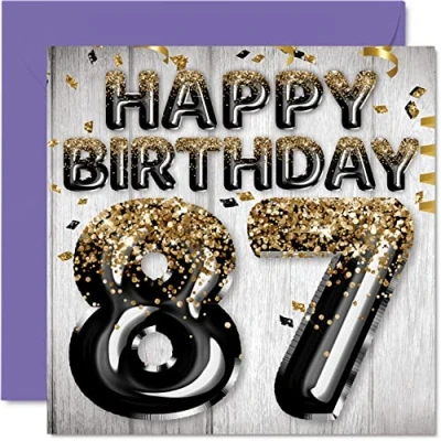 Abbildung von Geburtstagskarte zum 87. Geburtstag für Männer schwarze und goldene Glitzerballons Happy Karten 87 Jahre alten Mann Papa Great Grandad Grandpa Gran 145 mm 80 Siebte Grußkarten Geschenk