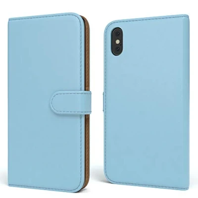 Abbildung von EAZY CASE Tasche kompatibel mit iPhone X/XS Schutzhülle Standfunktion Klapphülle im Bookstyle, Handytasche Handyhülle Flip Cover Magnetverschluss und Kartenfach, Kunstleder, Hellblau