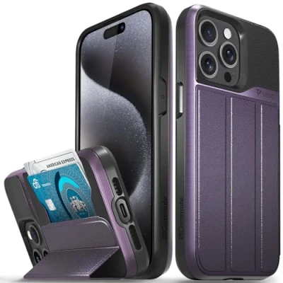 Abbildung von VENA vCommute Brieftaschen Schutzhülle, kompatibel mit Apple iPhone 15 Pro Max (6,7 Zoll), Fallschutz in Militärqualität, Klapphülle, Leder, Kartenschlitz Halter Ständer, Dunkelviolett