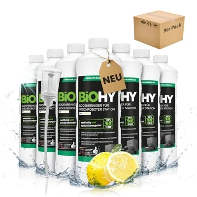 Abbildung von BiOHY Bodenreiniger für Wischroboter Station mit Frischeduft (9 x 1 Liter) + Dosierer Reinigungsmittel Konzentrat alle Wisch &amp; Saugroboter Nass Funktion Schaumarm Streifenfrei