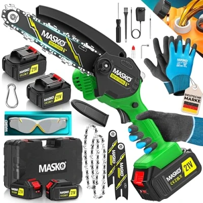 Abbildung von MASKO® Mini Kettensäge 800W, 6 Zoll, 8000mAh Akku Elektrische Motorsäge mit Automatischem Ölsystem Handkettensäge für Astschnitte &amp; Holzarbeiten Inkl. Koffer, 2x 4000mAh Akkus Ersatzketten