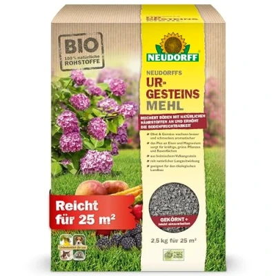 Abbildung von Neudorff Bodenverbesserer Neudorffs UrgesteinsMehl 2,5 kg für 25 m², Reichert Böden mit natürlichen Nährstoffen an, erhöht Bodenfruchtbarkeit bei allen Bodenarten, Diabasgesteinsmehl natürlicher Langzeitwirkung