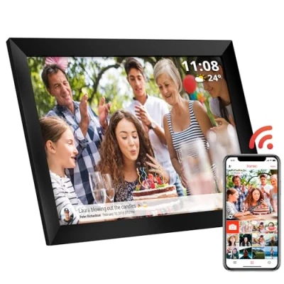 Abbildung von Atlantis Digitaler WiFi Bilderrahmen, 10 Zoll, Touchscreen, teilen Sie Fotos und Videos per App, digitales Foto, automatische Drehung, Uhr Wetter, Speicher 1 GB RAM + 16 für Fotos,