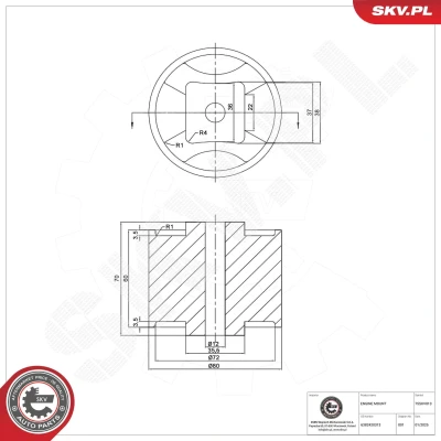 Abbildung von ESEN SKV 75SKV013 Motorlager rechts Gummimetalllager Aluminium, Gummi 168mm 70mm MERCEDES BENZ: Vito Bus, V Klasse, Kastenwagen