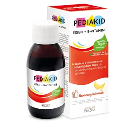 Abbildung von PEDIAKID EISEN + B VITAMINE Natürliche Nahrungsergänzung Exklusive Formel mit Agavensirup Optimiert die Eisenaufnahme Hilft, Müdigkeit zu reduzieren Bananengeschmack Flasche 125 ml
