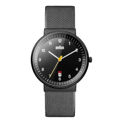 Abbildung von Braun Mens 3 Hand with Date Analogue Quartz Watch, Black Dial and Milanese Mesh Strap, 40mmBlack Stainless Steel Case, Model BN0032BKBKMHG.