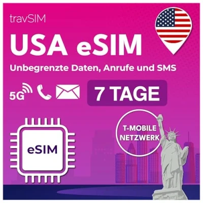 Abbildung von travSIM USA eSIM T Mobile Netz Unbegrenzte Daten, Anrufe &amp; Texte in den e SIM Amerika funktioniert auf kompatiblen iOS Android Geräten Karte 07 Tage