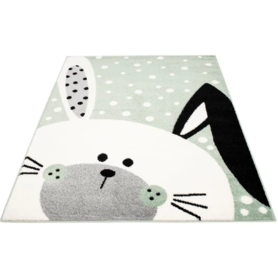 Abbildung von carpet city Grün 140x200 cm Niedlicher Hase Weiß Gepunktet Teppich Kinderzimmer Tiermotiv, bubble 1316 green