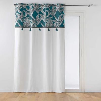 Abbildung von Douceur d&#039;Intérieur, Vorhang mit Ösen, 140 x 240 cm, Blau, Baumwolle, einfarbig, Top Druck und Pompons, Isibelle