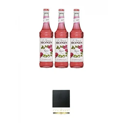 Abbildung von Monin Rose Sirup 3 x 0,7 Liter + Schiefer Glasuntersetzer eckig ca. 9,5 cm Durchmesser