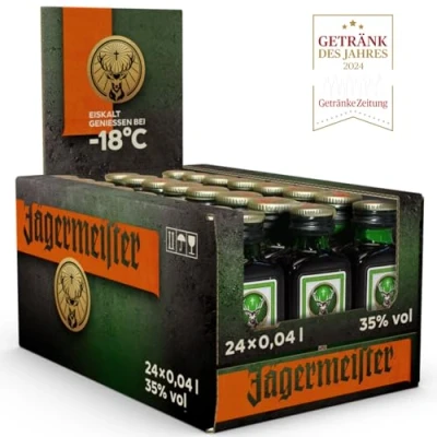 Abbildung von Jägermeister 24 x 0,04l Premium Kräuterlikör Shots 35% Vol. als Party Geschenk aus 56 erlesenen Kräuter Im Eichenfass gelagert Das Original Wolfenbüttel