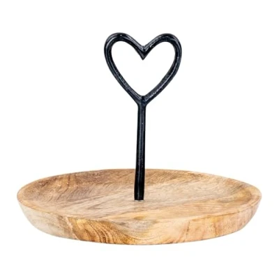 Abbildung von levandeo Holz Teller Ø20cm Metall Herz Mangoholz Tischdeko Servierplatte Etagere Natur Deko Wohndekoration