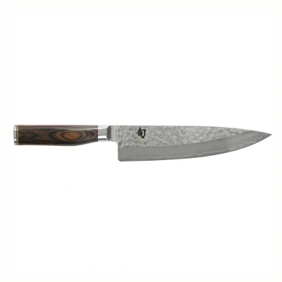 Abbildung von KAI Shun Premier Tim Mälzer japanisches Kochmesser 20 cm Klingenlänge VG MAX Kern 61 HRC, 32 Lagen Damast hochglanzpoliert Pakkaholz mittelbraun gemasert Hammerschlagoberfläche Made in Japan
