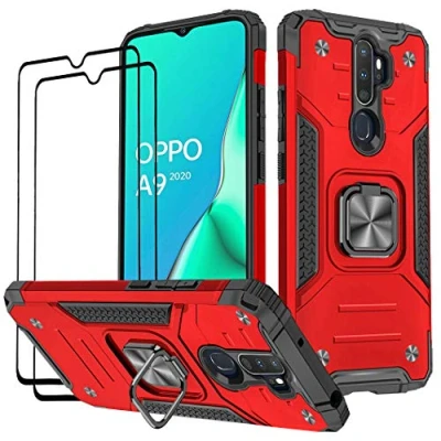 Abbildung von KANSi Hülle kompatibel für Oppo A9 2020 / A5 2020, Schutzfolie [2 Stück] Silikon TPU Hart PC Handy Hüllen 360 Grad Drehbar Ringhalter Bumper Stoßdämpfung Schutzhülle Rote