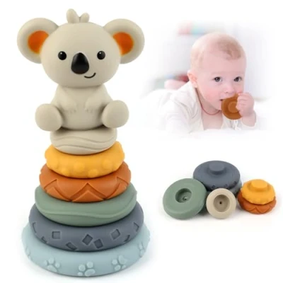 Abbildung von UKOFEW 7 Stück Stapelspielzeug mit Ringen,Squeeze Zahnen Babyspielzeug,Früherziehung Spielzeug Geschenke,Stapelturm für Stapelspiel 6 12 18 Monate Baby Kleinkind Jungen Mädchen