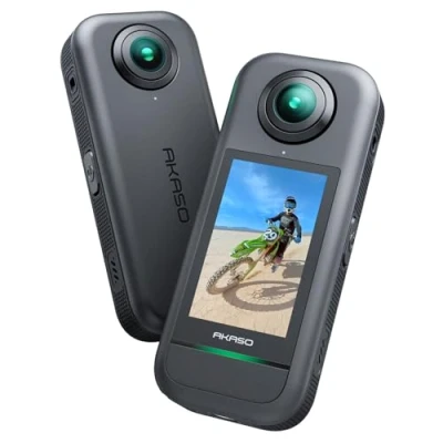Abbildung von AKASO 360 Action Cam 5.7K 72MP Grad Actionkamera mit Duale 1/2&quot; 48MP Sensoren, 2.29&#039;&#039; Touchscreen, Unsichtbarer Selfie Stick Effekt, Horizon Lock, AI Verfolgung, 2 * 1350mAh Akku