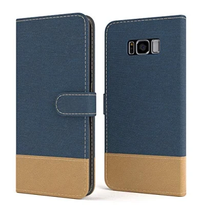 Abbildung von EAZY CASE Tasche kompatibel mit Samsung Galaxy S8 Plus Stoff Schutzhülle Standfunktion Klapphülle Bookstyle, Handytasche Handyhülle Magnetverschluss und Kartenfach, Kunstleder, Dunkel Blau