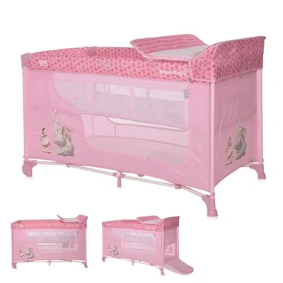 Abbildung von Lorelli 3 in 1 Babybett und Laufstall, Moonlight 2 Ebenen mit Seiteneingang, Kinderbett ab Geburt bis 15 kg, faltbares Baby Reisebett Neugeborenen Einsatz, Wickelauflage, Rollen Tasche, rosa