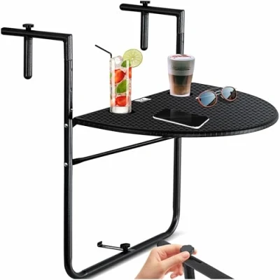 Abbildung von KESSER® Balkonhängetisch klappbar Balkontisch zum Einhängen Balkon Hängetisch 3 Fach höhenverstellbarer Klapptisch Balkongeländer wetterfest mit 2X Getränkeplätze Tischplatte BxT: 62 x 60 cm Schwarz