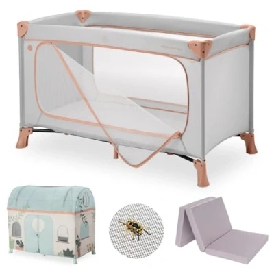 Abbildung von hauck Kinderreisebett Dream N Play Plus XXL Zubehörpaket mit Matratze, Spielzelt &amp; Insektenschutz, faltbar klappbar, Tasche großem Eingang Dusty Cork