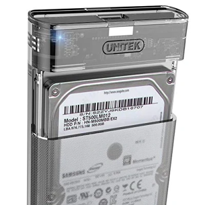 Abbildung von UNITEK Festplattengehäuse für 2,5 Zoll HDD/SSD SATA I/II/III Festplatten, Externe Festplatteschutz, mit eingebautes 3.0 Kabel, werkzeuglose Montage, transparent