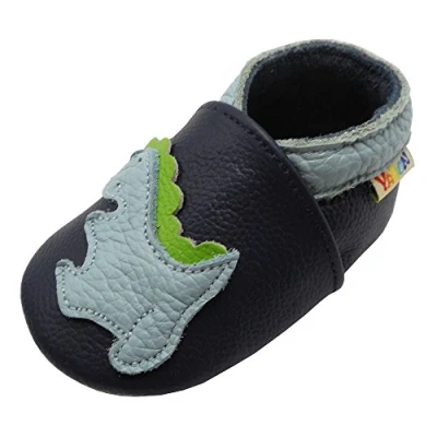 Abbildung von YALION Premium Weich Leder Babyschuhe Krabbelschuhe Lauflernschuhe Hausschuhe mit Dinosaurier Marineblau, EU 25/26=XXL