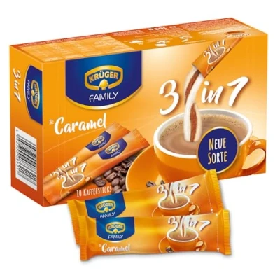 Abbildung von KRÜGER Family 3 in 1 Caramel, Instant Kaffee Sticks mit löslichem Kaffee, Kaffeeweißer, Zucker &amp; Karamell Aroma, 10 (16,9g)