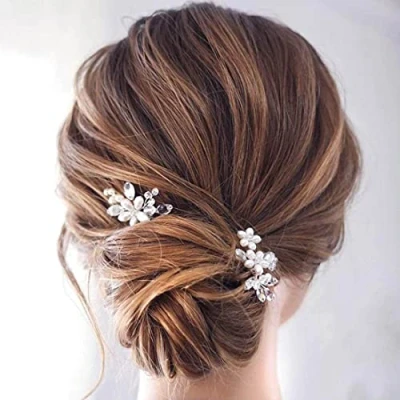 Abbildung von Prosy Braut Hochzeit Blume Haarnadeln Silber Kristall Haarspangen Perle Floral Kopfschmuck für Frauen und Mädchen (2 Stück)