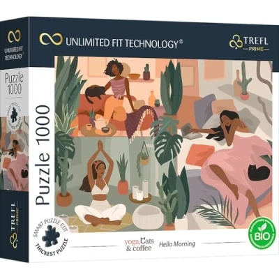 Abbildung von Trefl 10694 1000 Elemente, dickster Karton, Bio, ECO, Katzen, Kaffee, Entspannung, Erholung, Unterhaltung für Erwachsene und Kinder ab 12 Jahren, Puzzle Yoga, Cats &amp; Coffee: Hello Morning