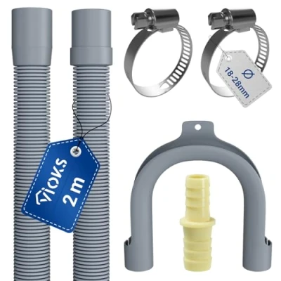 Abbildung von VIOKS Set Flexibler Abwasserschlauch Spülmaschine 2 Meter 19/22mmØ + 2x Klemmen Schlauchschellen Edelstahl 18 28mmØ 1x Schlauch Verbindungsstück Haltebogen Ablaufschlauch Waschmaschine