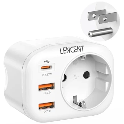Abbildung von LENCENT Reiseadapter Netzadapter USA Adapter Amerika Deutschland Stecker, mit 2 USB QC3,0 + 1 Typ C PD Anschlüße, B Reisestecker Stromadapter für Kanada Mexiko Steckdose