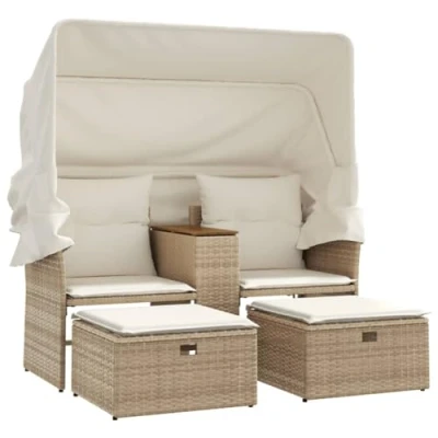 Abbildung von vidaXL Gartensofa 2 Sitzer, Outdoor Sofa mit Sonnendach, Terrassensofa Hockern, Gartenmöbel Sofagarnitur Gartengarnitur, Beige Poly Rattan