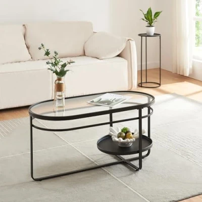 Abbildung von en.casa Couchtisch, »Kumla« oval mit Glasplatte 90 x 42,5 46 cm Schwarz