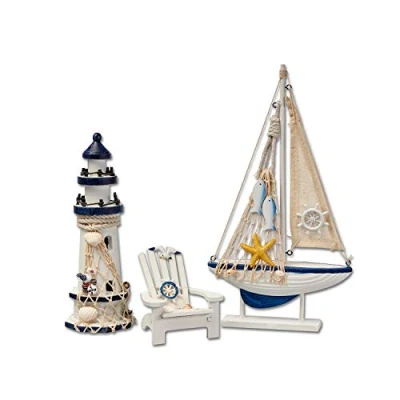 Abbildung von Flanacom Badezimmer Deko 3er Set Maritime Leuchtturm, Segel Schiff und Strand Stuhl aus Holz Badaccessoires Schöne für das Bad Design 1