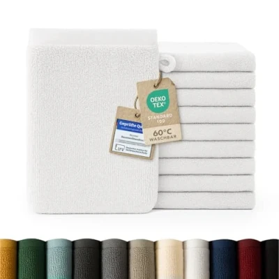Abbildung von Blumtal Waschhandschuh 10er Set aus Frottee 15x20 cm weich und saugstark, (Set), mit modischer Bordüre praktischer Aufhängeschlaufe, 100% Baumwolle