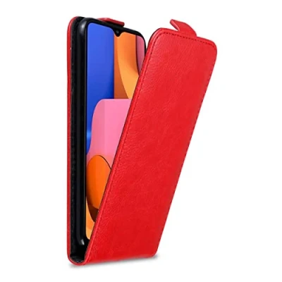 Abbildung von Cadorabo Hülle kompatibel mit Samsung Galaxy A20s Flip Design aus Premium Kunst Leder Klappbare Stoßfeste Magnetische Cover für Tasche in Rot