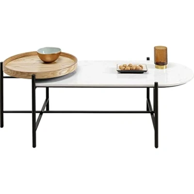 Abbildung von Kare Design Couchtisch Layered, Weiß/Braun, Beistelltisch, Wohnzimmertisch, Stahl Gestell, Holz Tablett, Mineralmarmor Tischplatte, oval, 46x129x54 cm (H/B/T)
