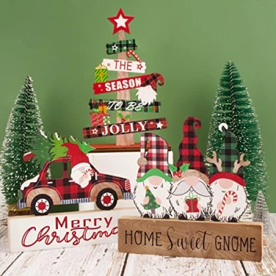 Abbildung von COLOFALLA 3 Stück Holz Weihnachtsdeko Aufsteller Tischdeko Weihnachten Tisch Dekoration Weihnachtsbaum GNOME Zwerg Auto Merry Christmas Holzdeko Figuren zum Hinstellen Schild