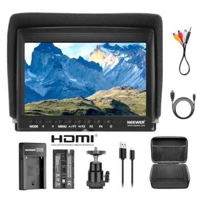Abbildung von Neewer F100 Set Monitor Kamera: 17,78 cm (7 Zoll) Ultra HD 1280 x 800 IPS Felddisplay + F550 Ersatzakku Micro USB Ladegerät Tragetasche für Sony Nikon Olympus Panasonic
