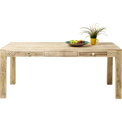 Abbildung von Kare Design Tisch Puro, Esszimmertisch verziert mit handgeschnitzten Ornamenten, moderner Wohnzimmertisch aus hochwertigem Mango Echtholz, Holztisch, Küchentisch, Hellbraun, (H/B/T) 140x70cm