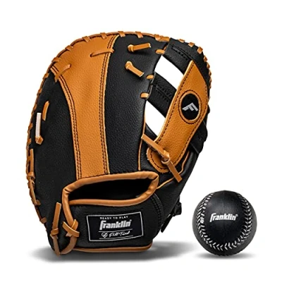 Abbildung von Franklin Sports Teeball Glove RTP Fielding Baseballhandschuh aus Kunstleder Spielfertiger Handschuh (RTP) 24,1 cm Rechtshänder werfen First Base Schwarz/Hellbraun mit Ball