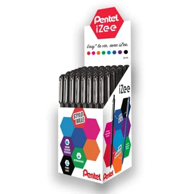 Abbildung von Pentel iZee BX460 A Kugelschreiber, mit Metallclip, breite Spitze, 1 mm, Schwarz, 48 Stück