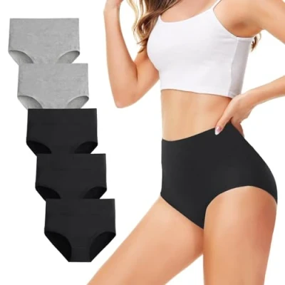 Abbildung von TUUHAW Unterhosen Damen Unterwäsche 5er Pack Slip Miederhose Baumwolle Hoher Taille Atmungsaktive Schwarz Grau_M