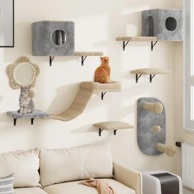 Abbildung von YITAHOME 8 Teiliges Stabiler Kletterwand Katzen Set aus Flanell, Katzenmöbel mit Katzenhaus, Katzenbett, Katzenkratzbrett, Katzenhängebrücke, Sisalsäule für Katze Schlafen Spielen Lounging