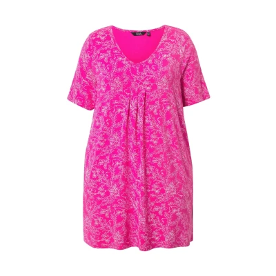 Abbildung von Ulla Popken Vinework Short Sleeve Pleated Tshirt print, Damen, Größe: 42/44, Magenta pink