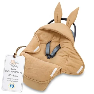 Abbildung von Einschlagdecke Musselin Babyschale Decke Kinderwagen 80 x 87 cm universal Baby Babydecke für Buggy Autositz Winter Premium Baumwolle Beige