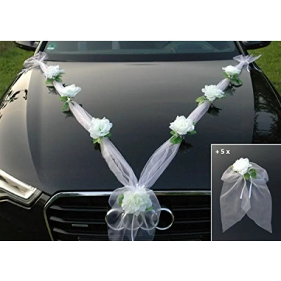 Abbildung von Organza M + Schleife Auto Schmuck Braut Paar Rose Deko Dekoration Autoschmuck Hochzeit Car Wedding Ratan Girlande PKW … (Weiß Weiß)